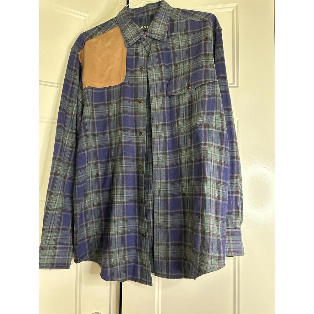 Orvis Shooting Shirt Mens Medium Green Plaid Hunting Patch Button Up Outdoors